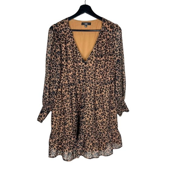 Lulu's Dresses & Skirts - Lulus Black Brown Leopard Print Long Sleeve Babydoll Dress Medium